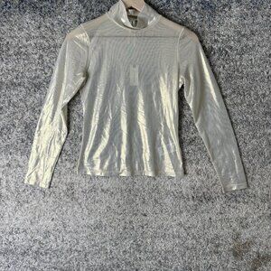 By Anthropologie Shirt Womens XS Ivory Sheer Mock Neck Metallic Long Sleeve